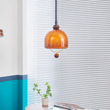 Amber Glass Dome Pendant Light with Walnut Wood Detail and Retractable Elastic Cord