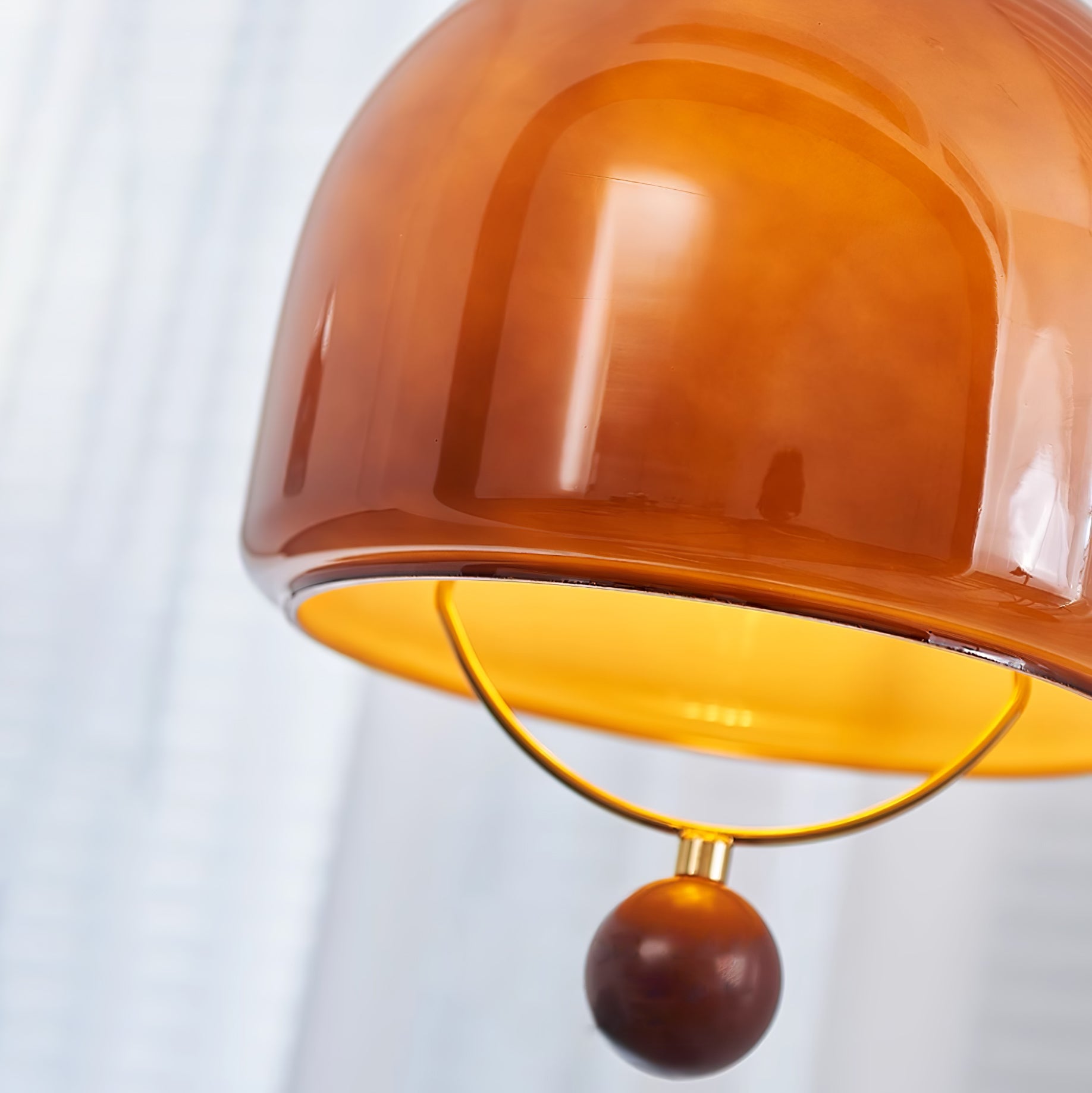 Amber Glass Dome Pendant Light with Walnut Wood Detail and Retractable Elastic Cord
