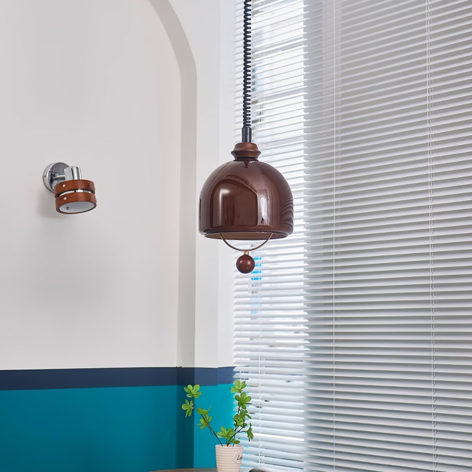 Amber Glass Dome Pendant Light with Walnut Wood Detail and Retractable Elastic Cord
