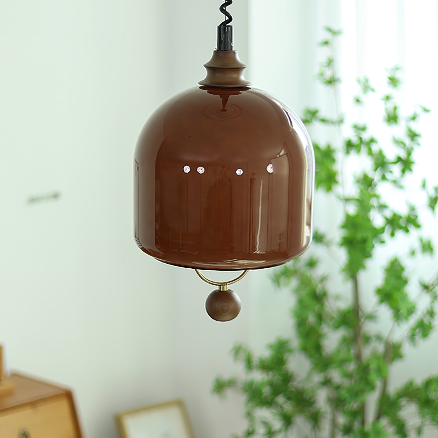 Amber Glass Dome Pendant Light with Walnut Wood Detail and Retractable Elastic Cord