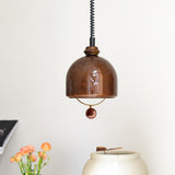 Amber Glass Dome Pendant Light with Walnut Wood Detail and Retractable Elastic Cord