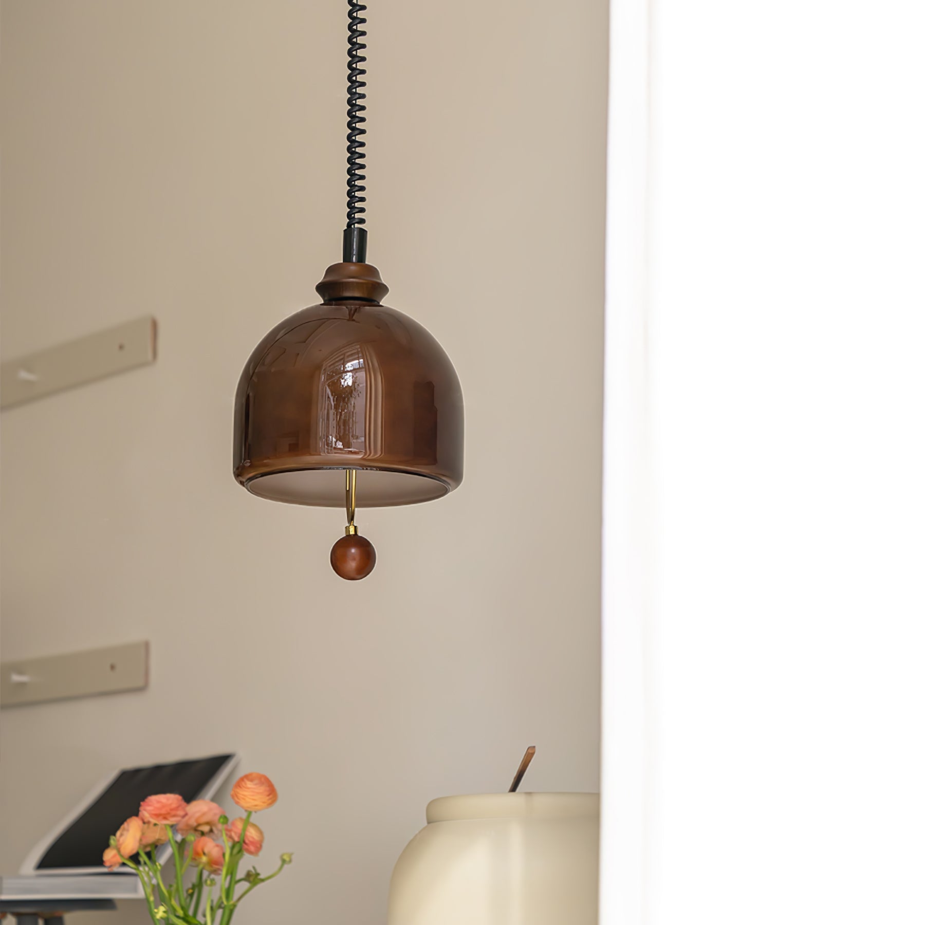 Amber Glass Dome Pendant Light with Walnut Wood Detail and Retractable Elastic Cord