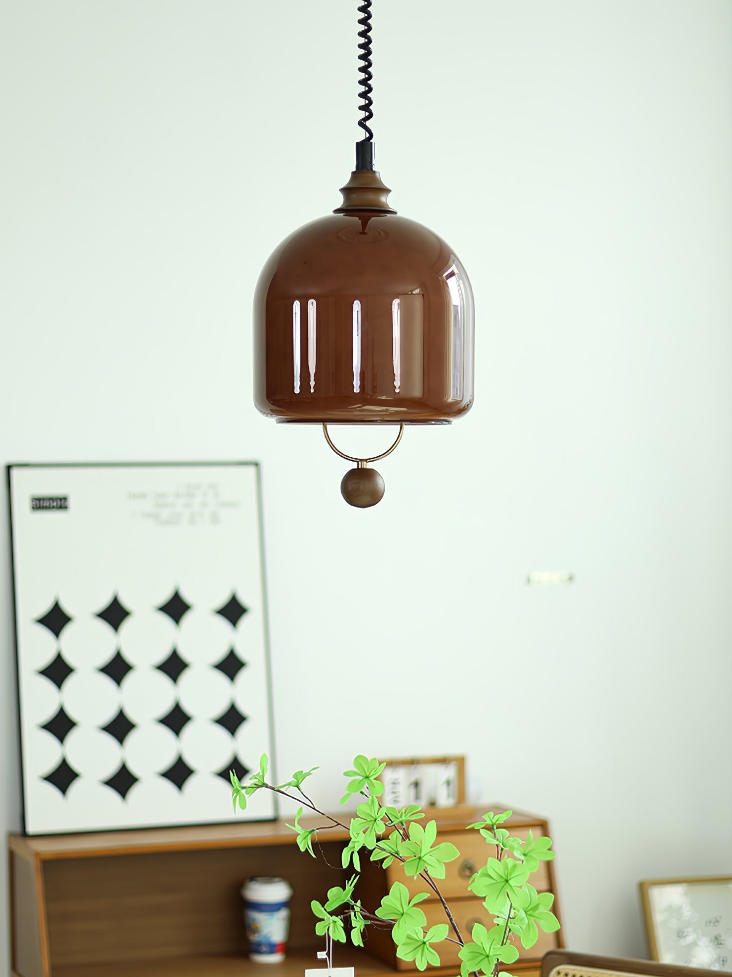 Amber Glass Dome Pendant Light with Walnut Wood Detail and Retractable Elastic Cord