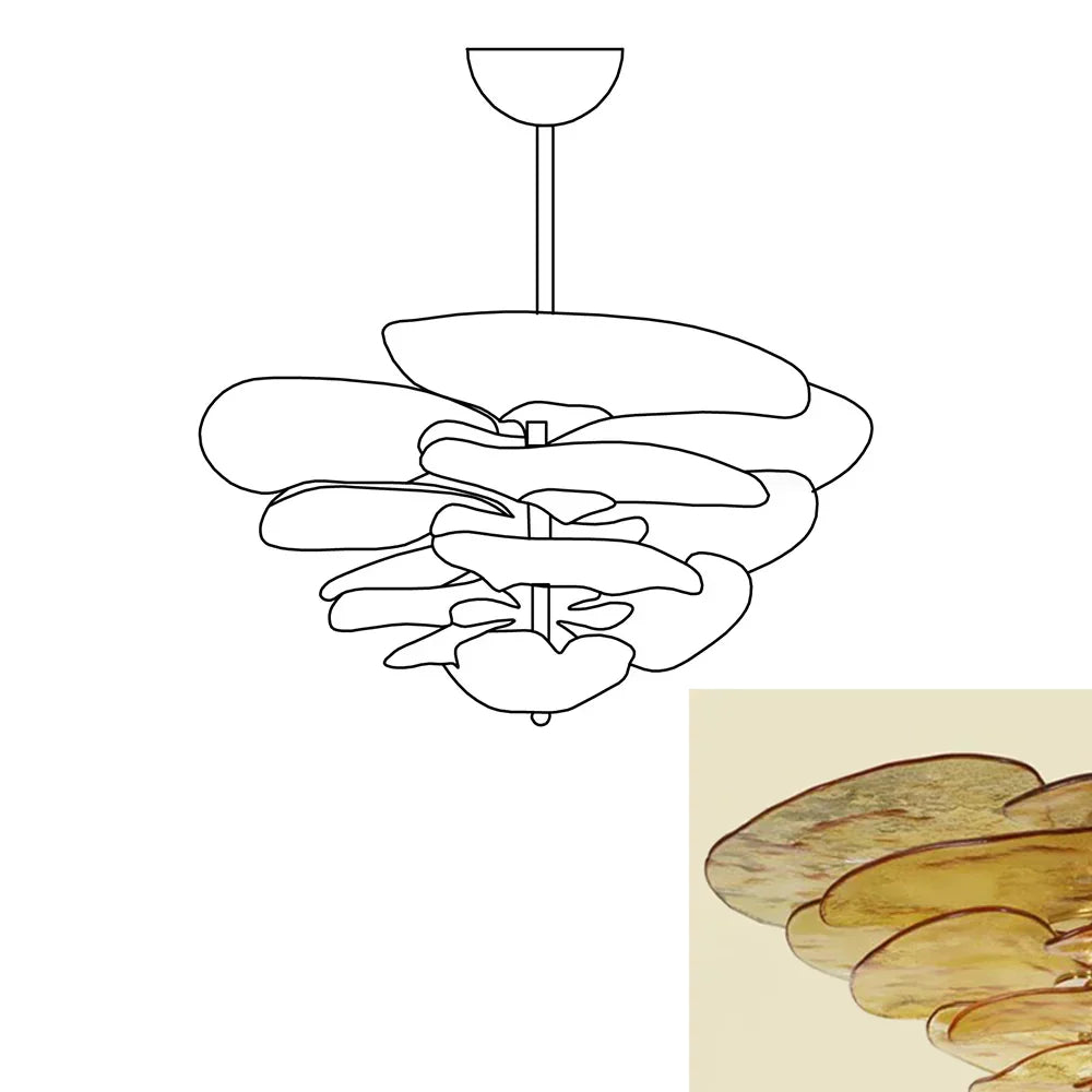 amber-glass-petal-chandelier-textured-leaf-design-modern-brass-ceiling-light-fixture