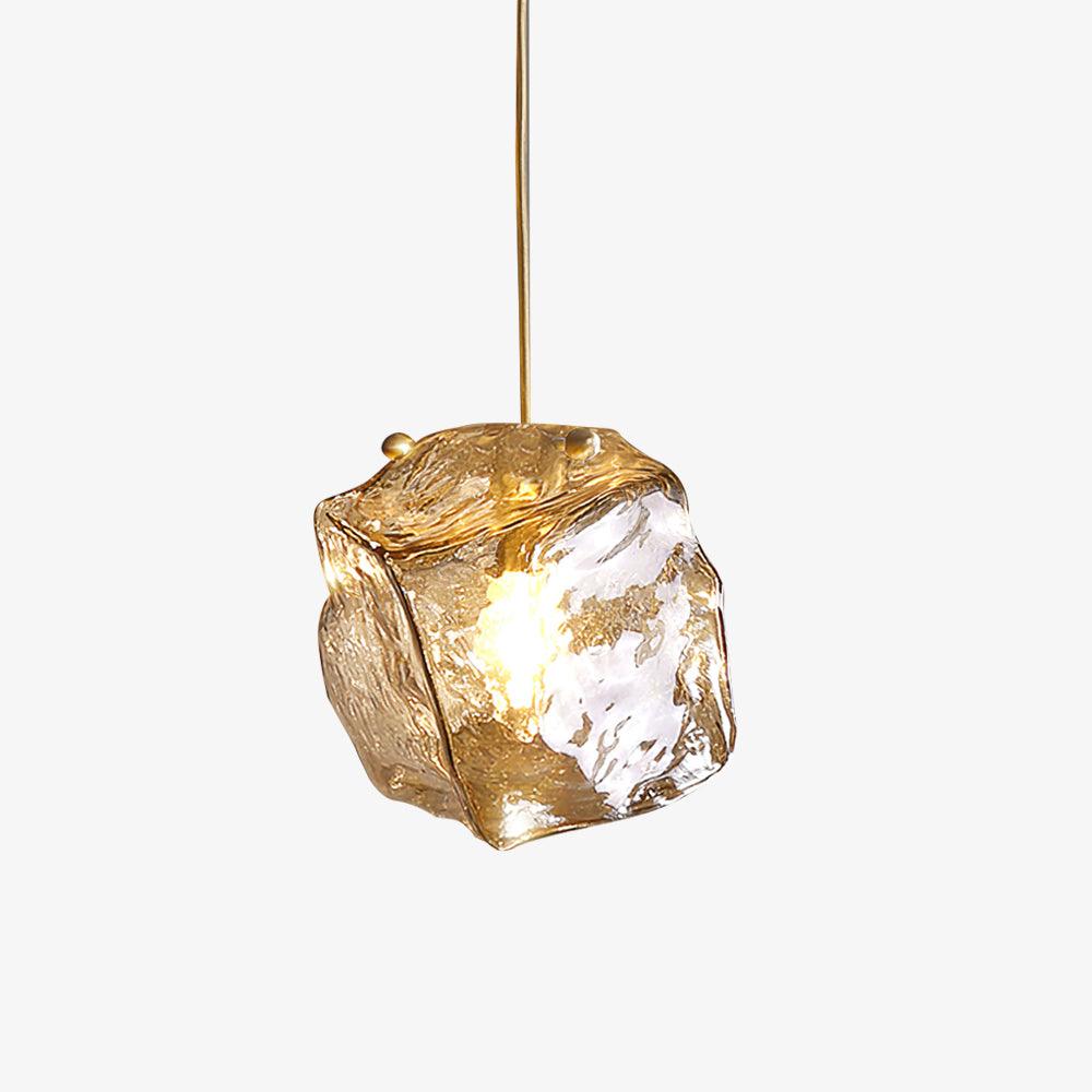 Amber Hand Blown Ice Glass Drop Pendant Light Fixture with Brass Finish