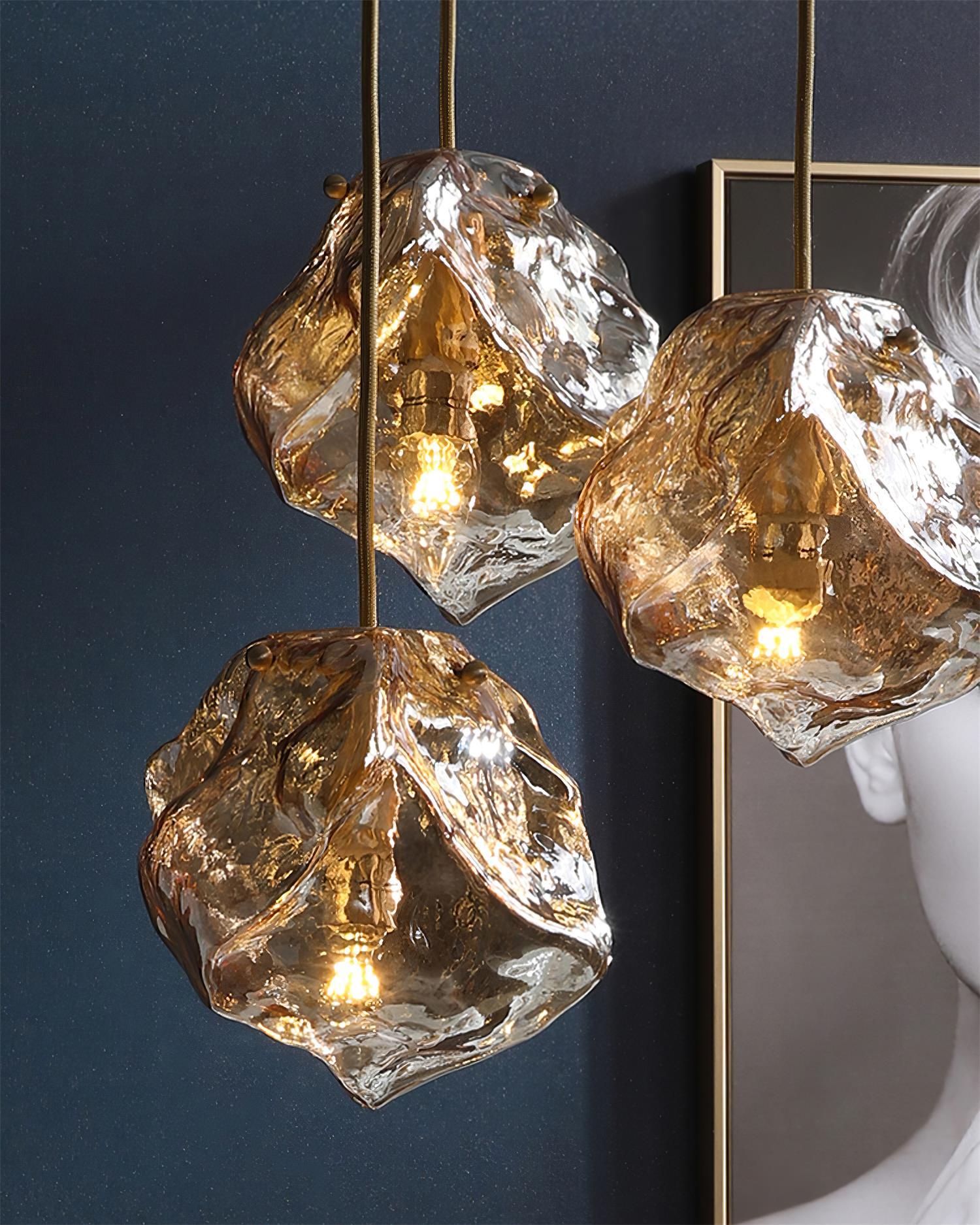 Amber Hand Blown Ice Glass Drop Pendant Light Fixture with Brass Finish