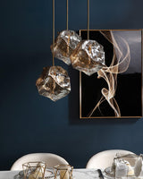 Amber Hand Blown Ice Glass Drop Pendant Light Fixture with Brass Finish