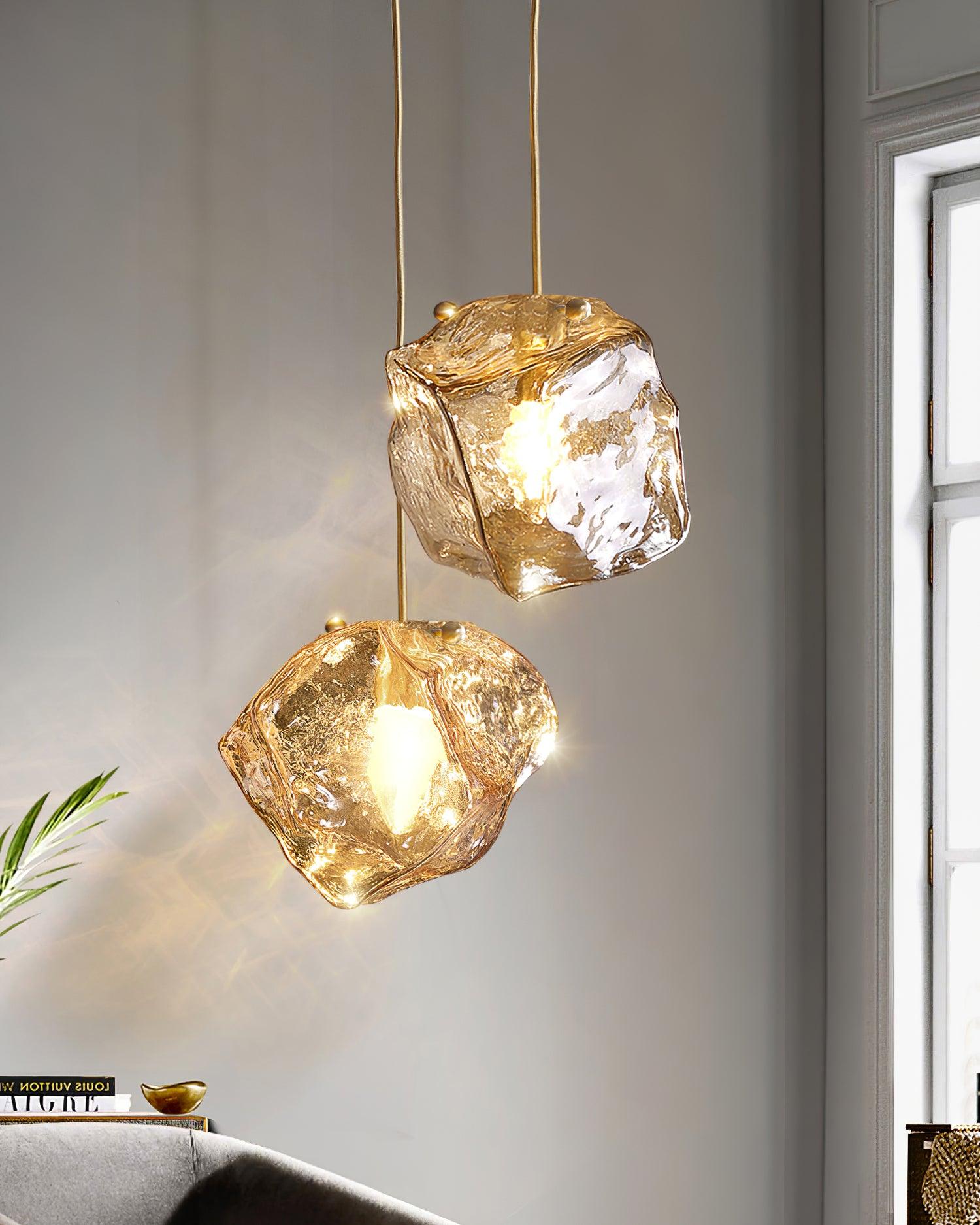 Amber Hand Blown Ice Glass Drop Pendant Light Fixture with Brass Finish