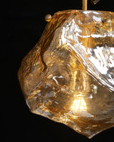 Amber Hand Blown Ice Glass Drop Pendant Light Fixture with Brass Finish