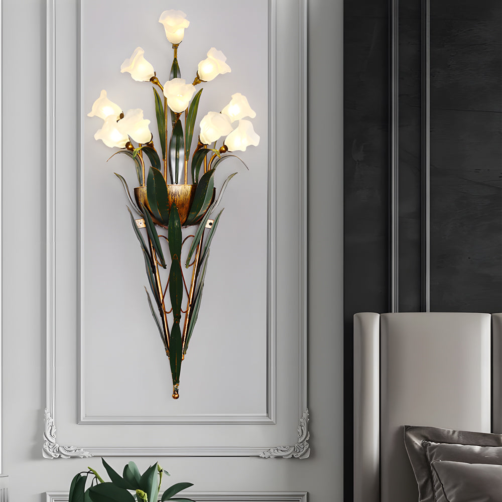 American Pastoral Floral Bouquet Wall Sconce Vintage Iron Leaf Glass Flower Light