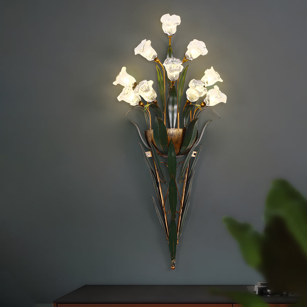 American Pastoral Floral Bouquet Wall Sconce Vintage Iron Leaf Glass Flower Light