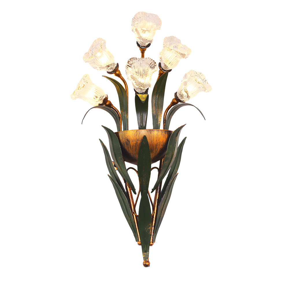 American Pastoral Floral Bouquet Wall Sconce Vintage Iron Leaf Glass Flower Light