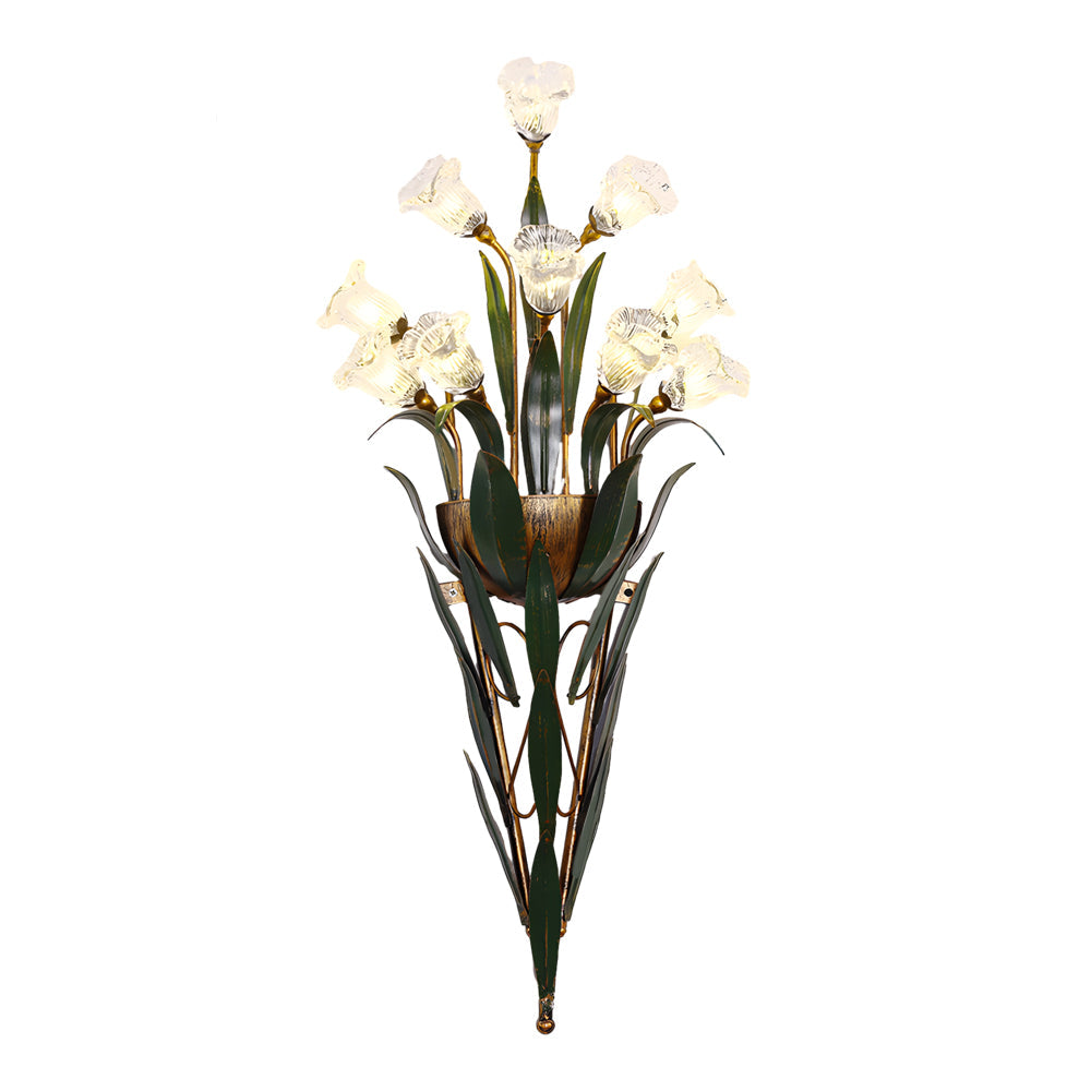 American Pastoral Floral Bouquet Wall Sconce Vintage Iron Leaf Glass Flower Light