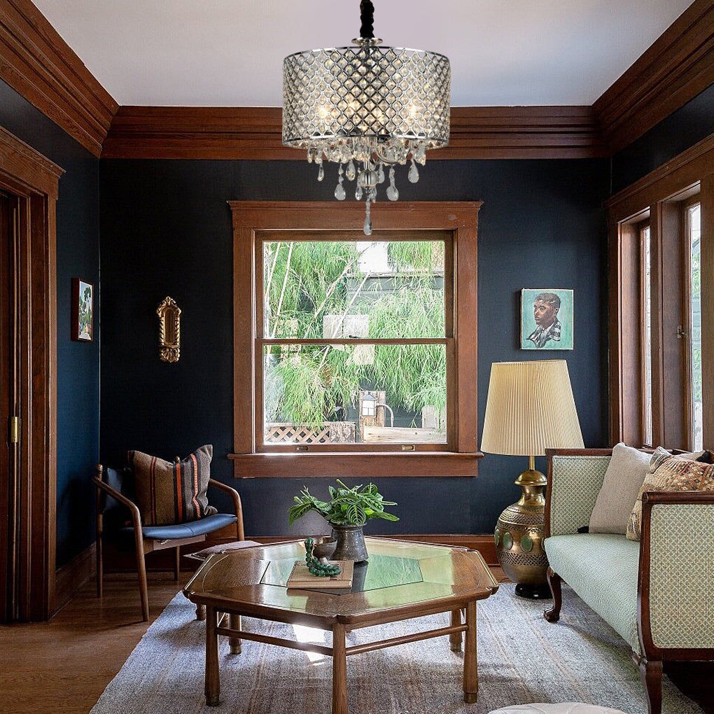 American Retro Round Iron and Crystal Chandelier Elegant Pendant Lighting for Dining Room