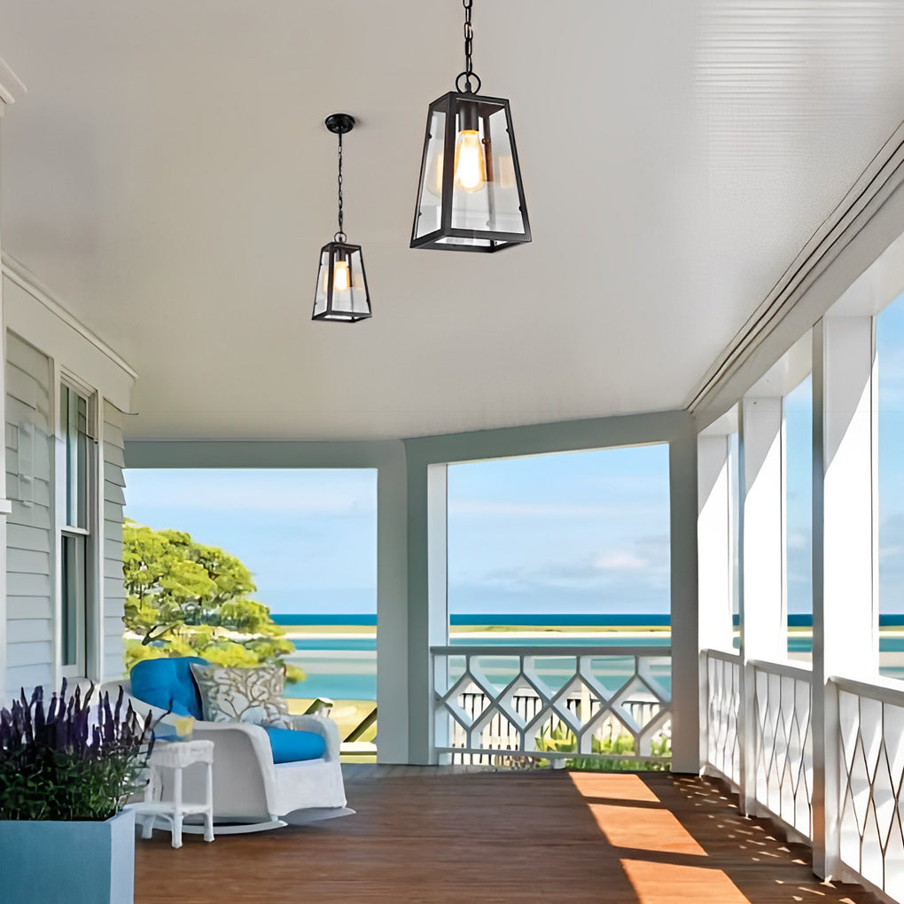 American Style Black Outdoor Chandelier Waterproof Iron and Glass LED Pendant Light for Entryway