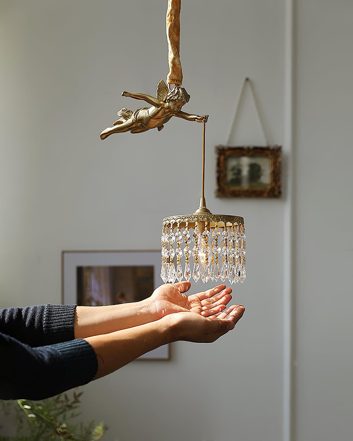 Antique Baroque Angel Crystal Pendant Light Brass Chandelier for Bedroom and Living Room