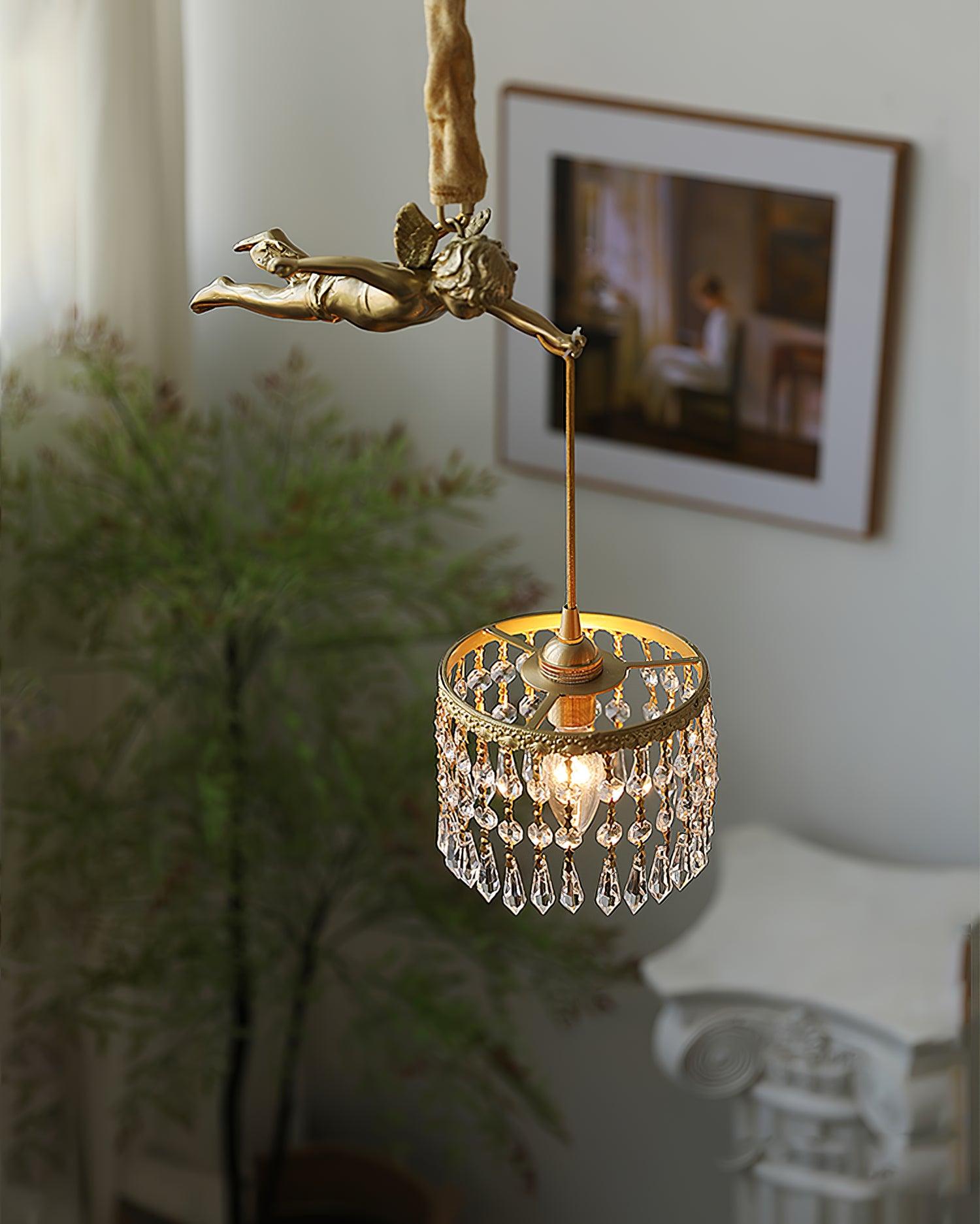Antique Baroque Angel Crystal Pendant Light Brass Chandelier for Bedroom and Living Room