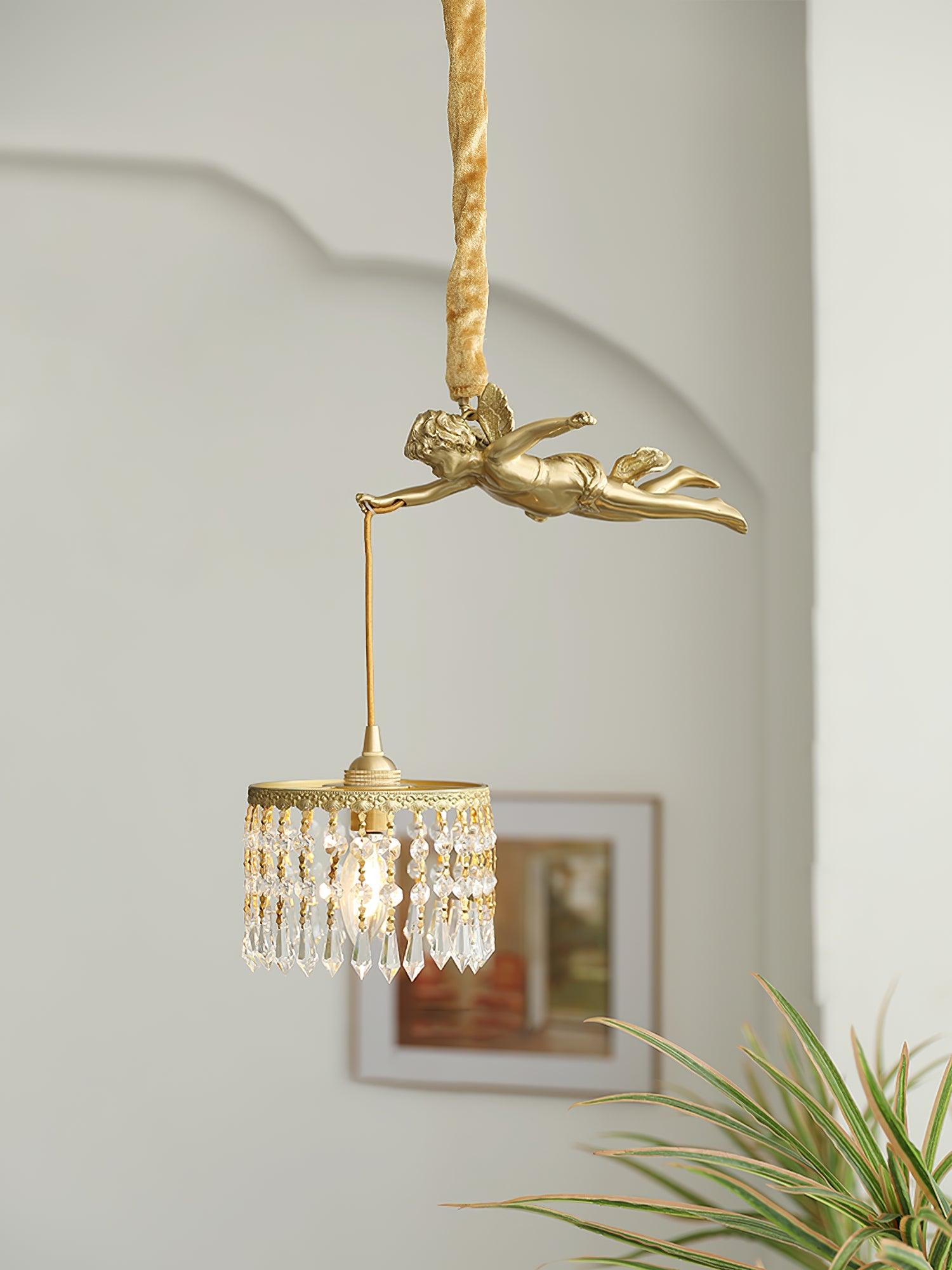 Antique Baroque Angel Crystal Pendant Light Brass Chandelier for Bedroom and Living Room