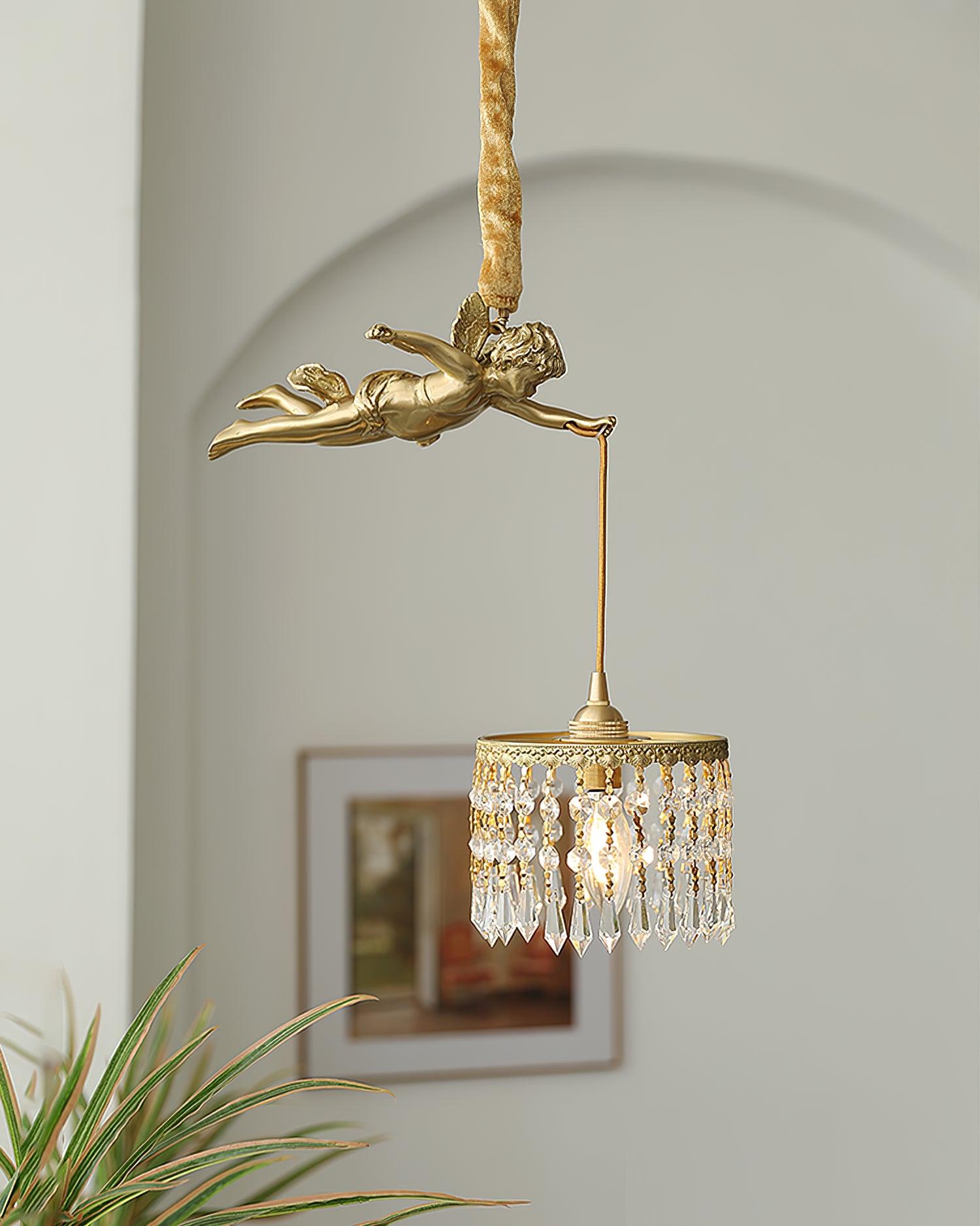 Antique Baroque Angel Crystal Pendant Light Brass Chandelier for Bedroom and Living Room