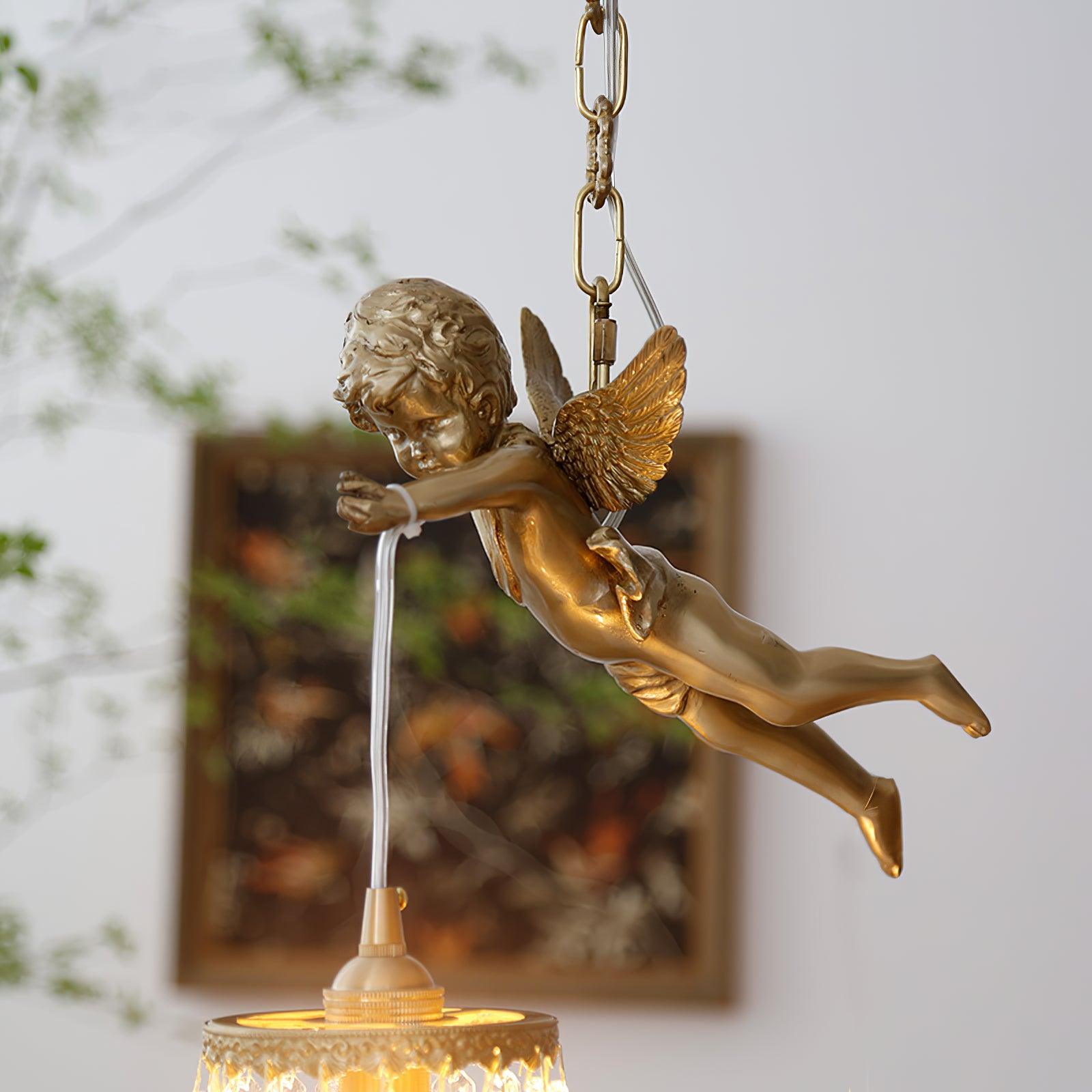 Antique Baroque Angel Crystal Pendant Light Brass Chandelier for Bedroom and Living Room