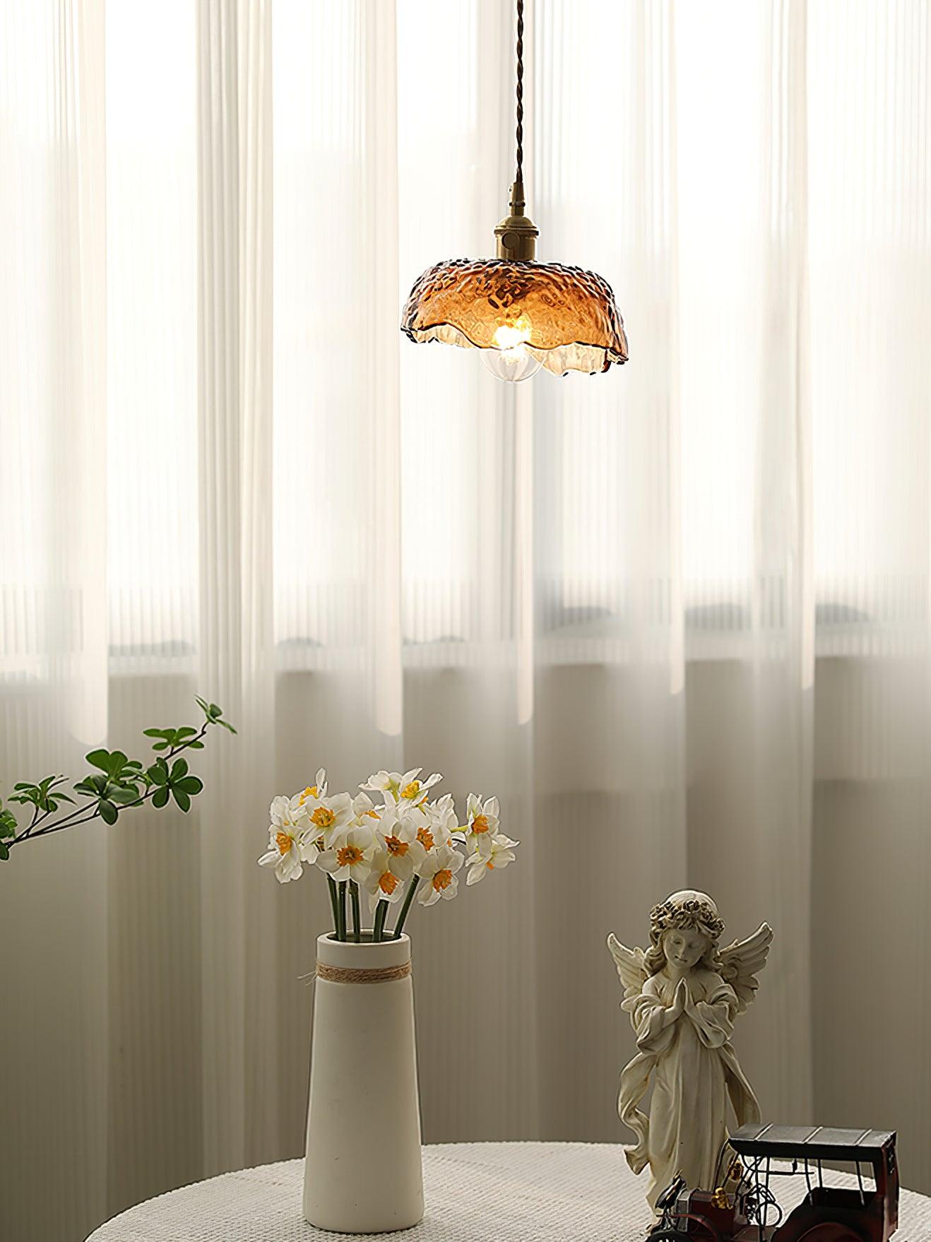 Antique Brass and Brown Glass Pendant Light Retro Amber Glass Shade Ceiling Hanging Lamp