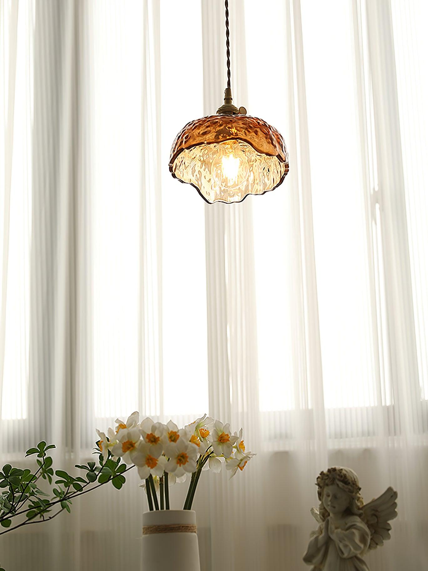 Antique Brass and Brown Glass Pendant Light Retro Amber Glass Shade Ceiling Hanging Lamp