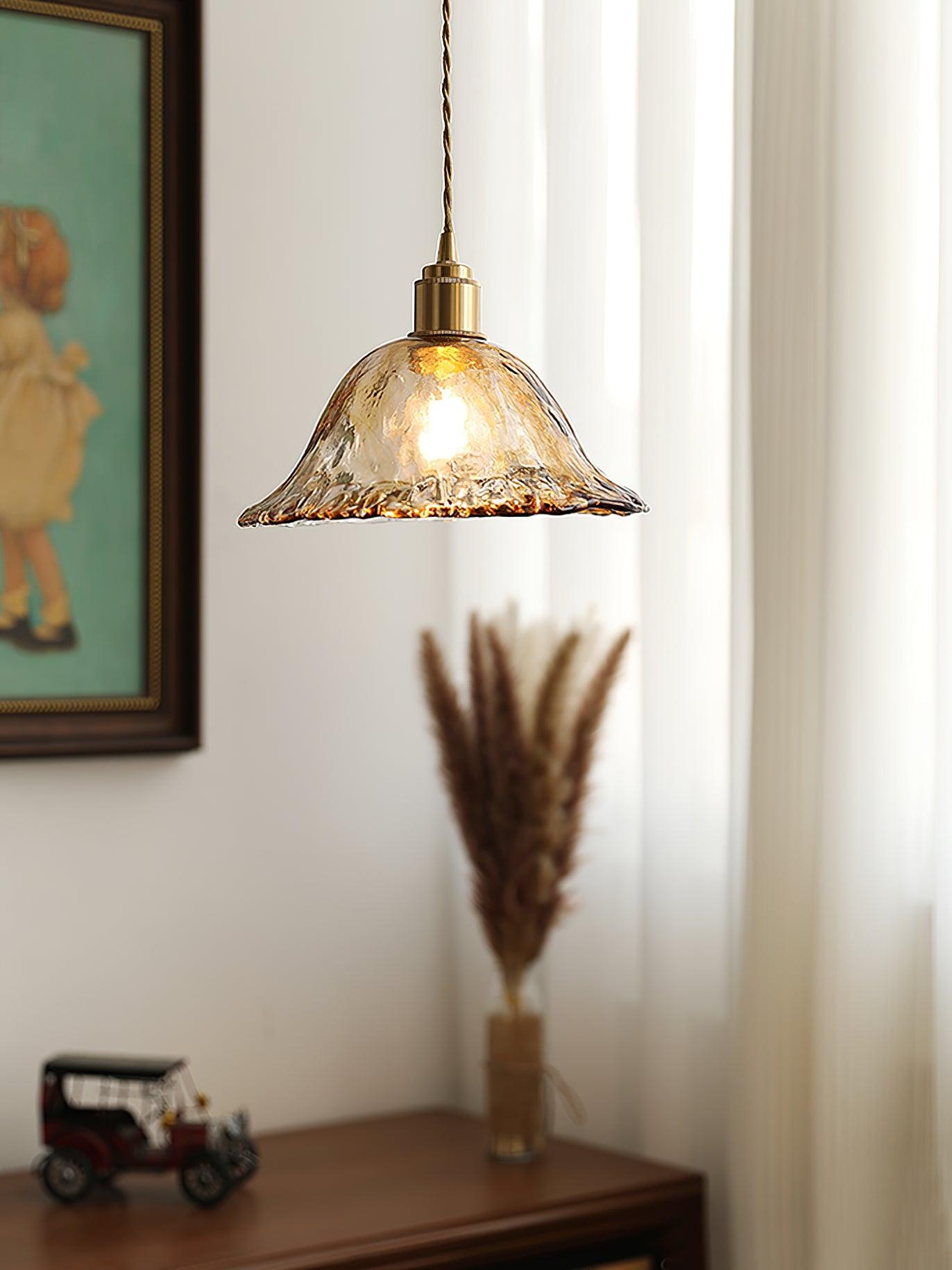 Antique Brass and Brown Glass Pendant Light Retro Amber Glass Shade Ceiling Hanging Lamp