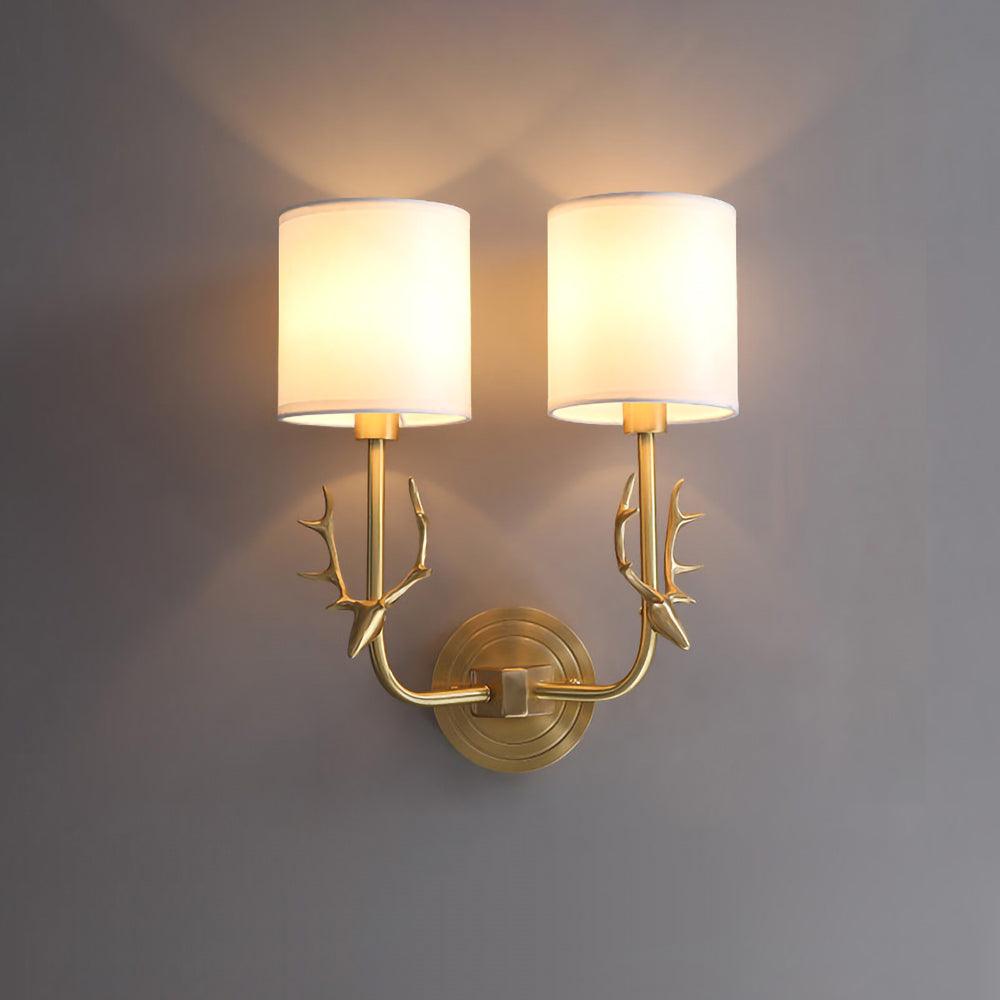 Antique Brass Deer Head Wall Sconce with Linen Shade Elegant Indoor Animal Wall Lighting