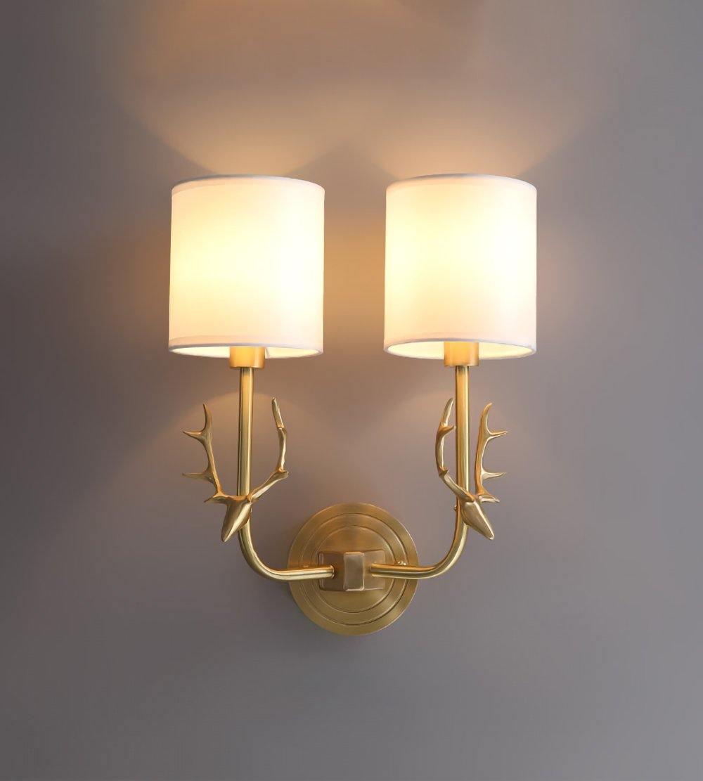 Antique Brass Deer Head Wall Sconce with Linen Shade Elegant Indoor Animal Wall Lighting