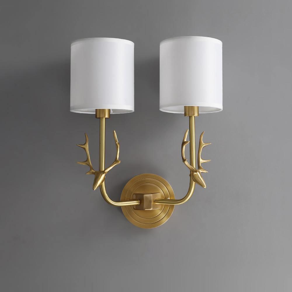 Antique Brass Deer Head Wall Sconce with Linen Shade Elegant Indoor Animal Wall Lighting