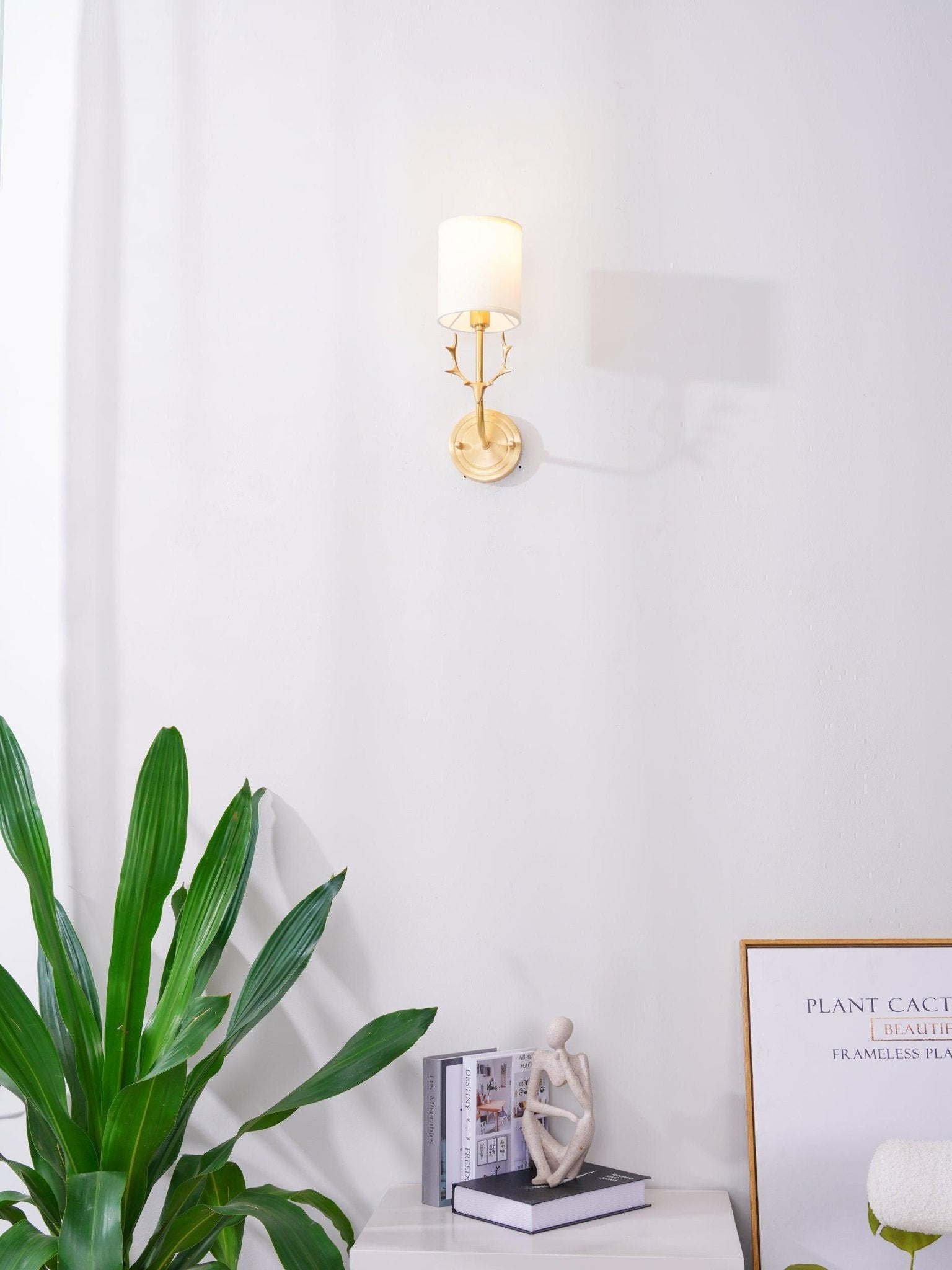 Antique Brass Deer Head Wall Sconce with Linen Shade Elegant Indoor Animal Wall Lighting