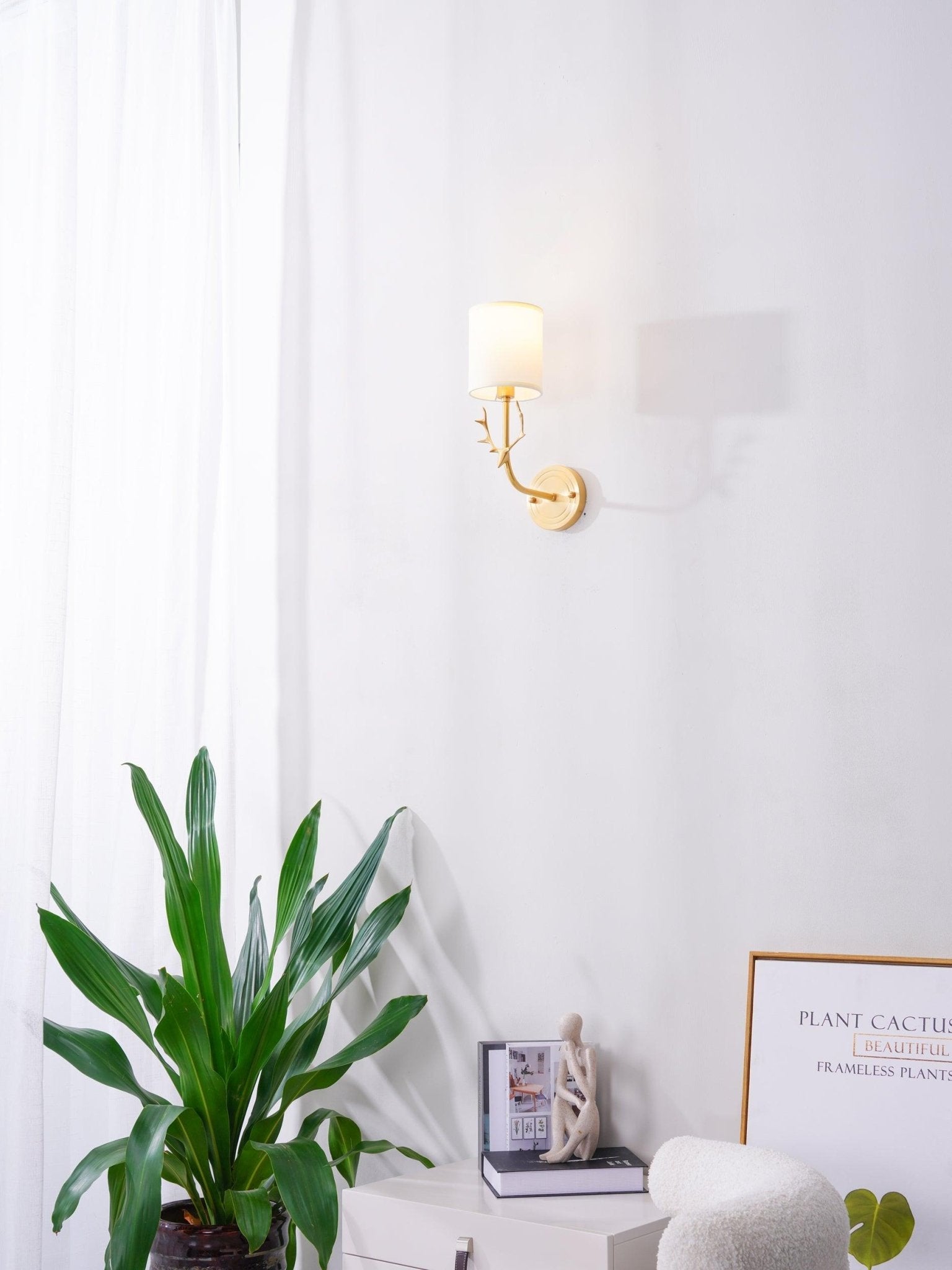 Antique Brass Deer Head Wall Sconce with Linen Shade Elegant Indoor Animal Wall Lighting