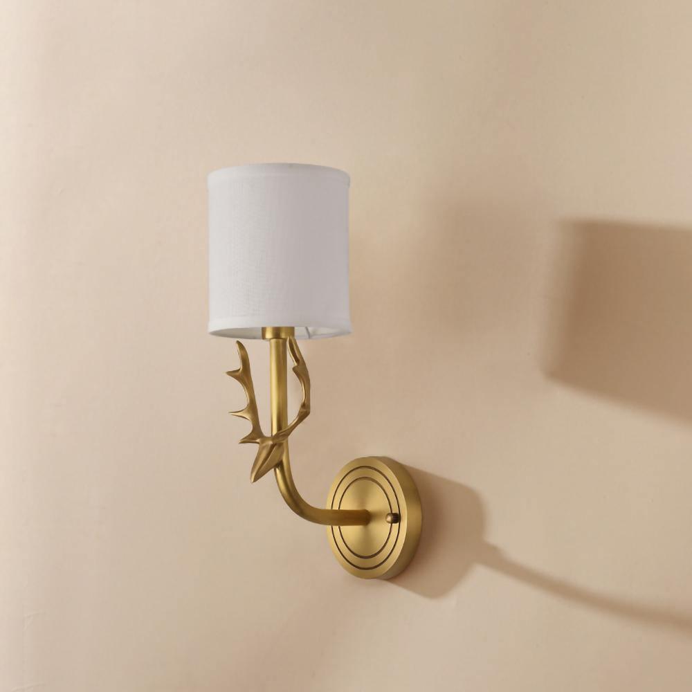 Antique Brass Deer Head Wall Sconce with Linen Shade Elegant Indoor Animal Wall Lighting