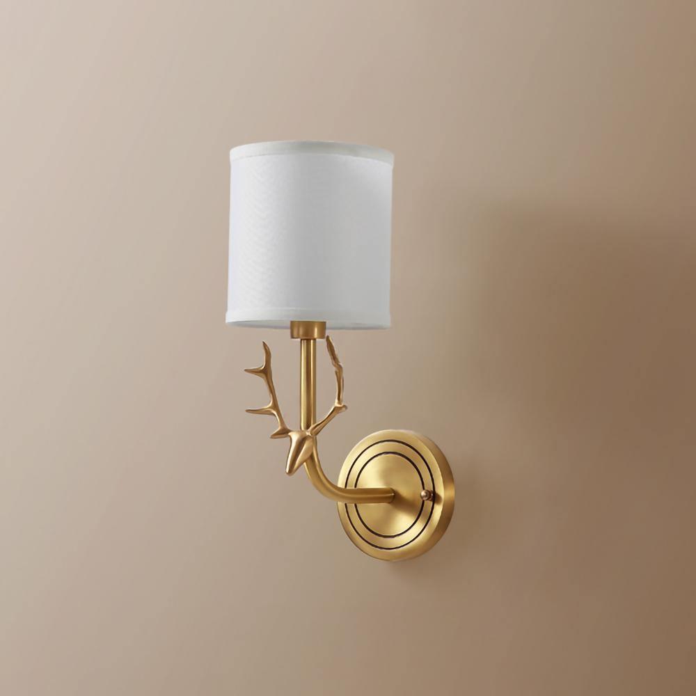 Antique Brass Deer Head Wall Sconce with Linen Shade Elegant Indoor Animal Wall Lighting