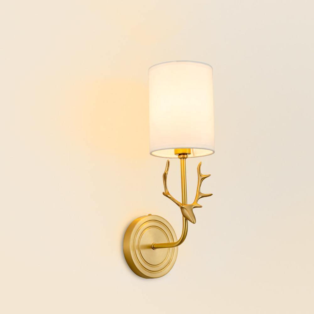 Antique Brass Deer Head Wall Sconce with Linen Shade Elegant Indoor Animal Wall Lighting