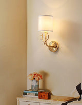 Antique Brass Deer Head Wall Sconce with Linen Shade Elegant Indoor Animal Wall Lighting