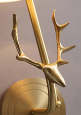Antique Brass Deer Head Wall Sconce with Linen Shade Elegant Indoor Animal Wall Lighting