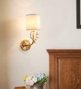 Antique Brass Deer Head Wall Sconce with Linen Shade Elegant Indoor Animal Wall Lighting