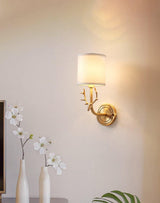 Antique Brass Deer Head Wall Sconce with Linen Shade Elegant Indoor Animal Wall Lighting