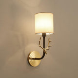 Antique Brass Deer Head Wall Sconce with Linen Shade Elegant Indoor Animal Wall Lighting