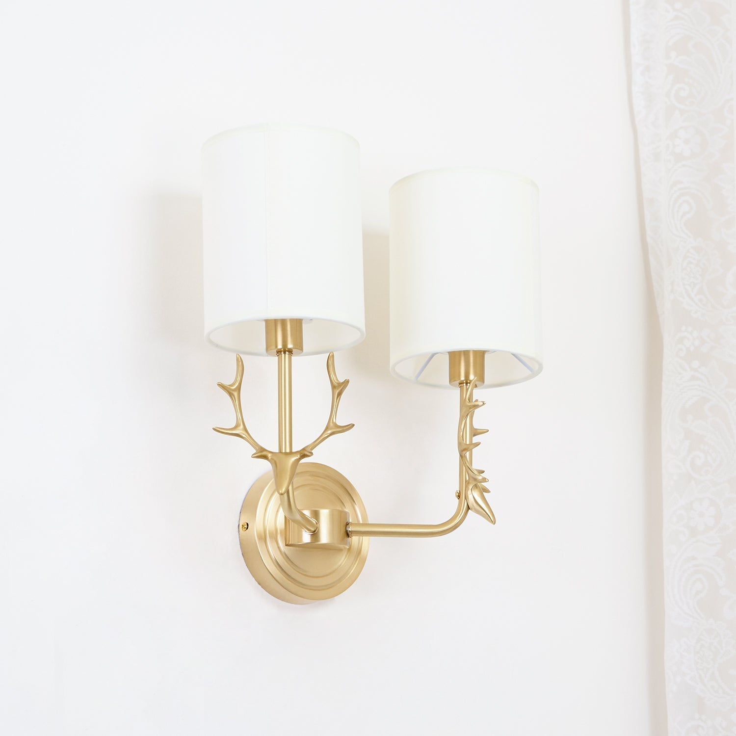 Antique Brass Deer Head Wall Sconce with Linen Shade Elegant Indoor Animal Wall Lighting