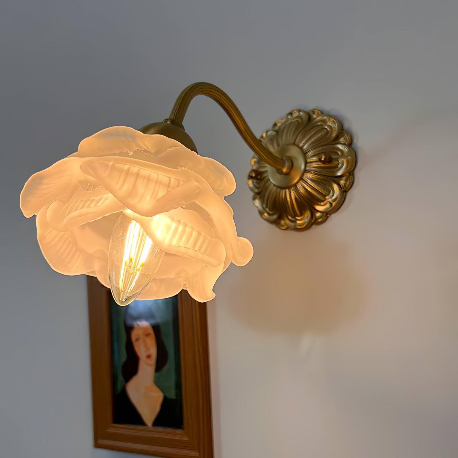 Antique Brass Rose Flower Wall Sconce Vintage Floral Glass Light for Bedroom and Hallway
