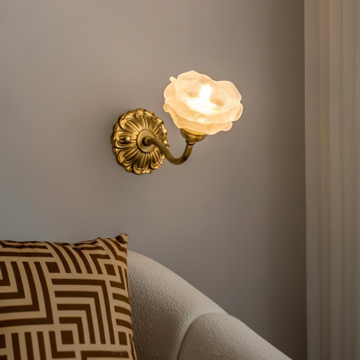 Antique Brass Rose Flower Wall Sconce Vintage Floral Glass Light for Bedroom and Hallway