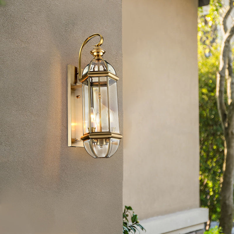 Antique European Style Copper Outdoor Wall Lamp with Glass Shade for Porch and Garden Illumination