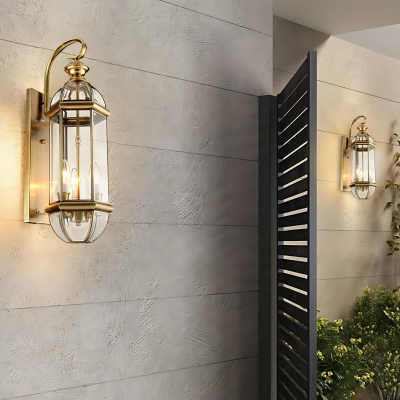 Antique European Style Copper Outdoor Wall Lamp with Glass Shade for Porch and Garden Illumination