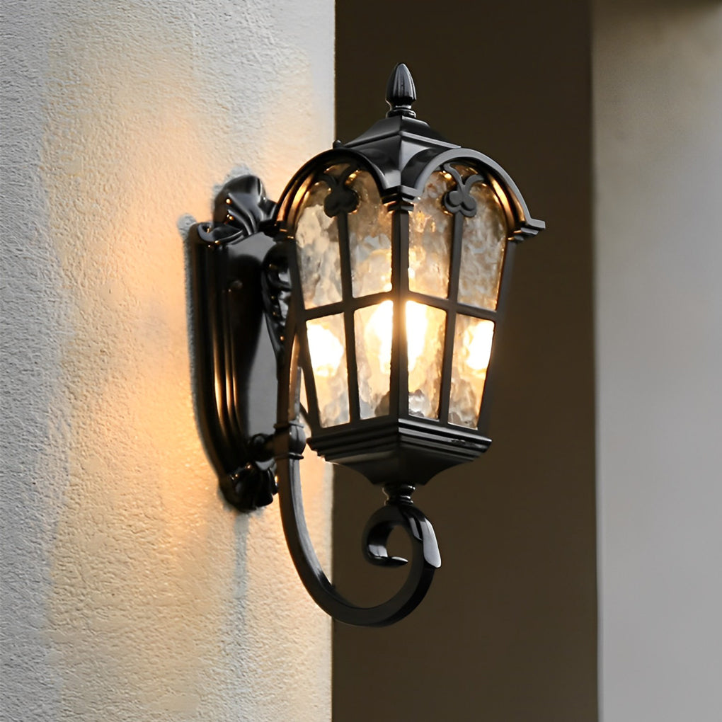 Antique European Style Waterproof Outdoor Wall Sconce Black Exterior Lantern with Tempered Glass