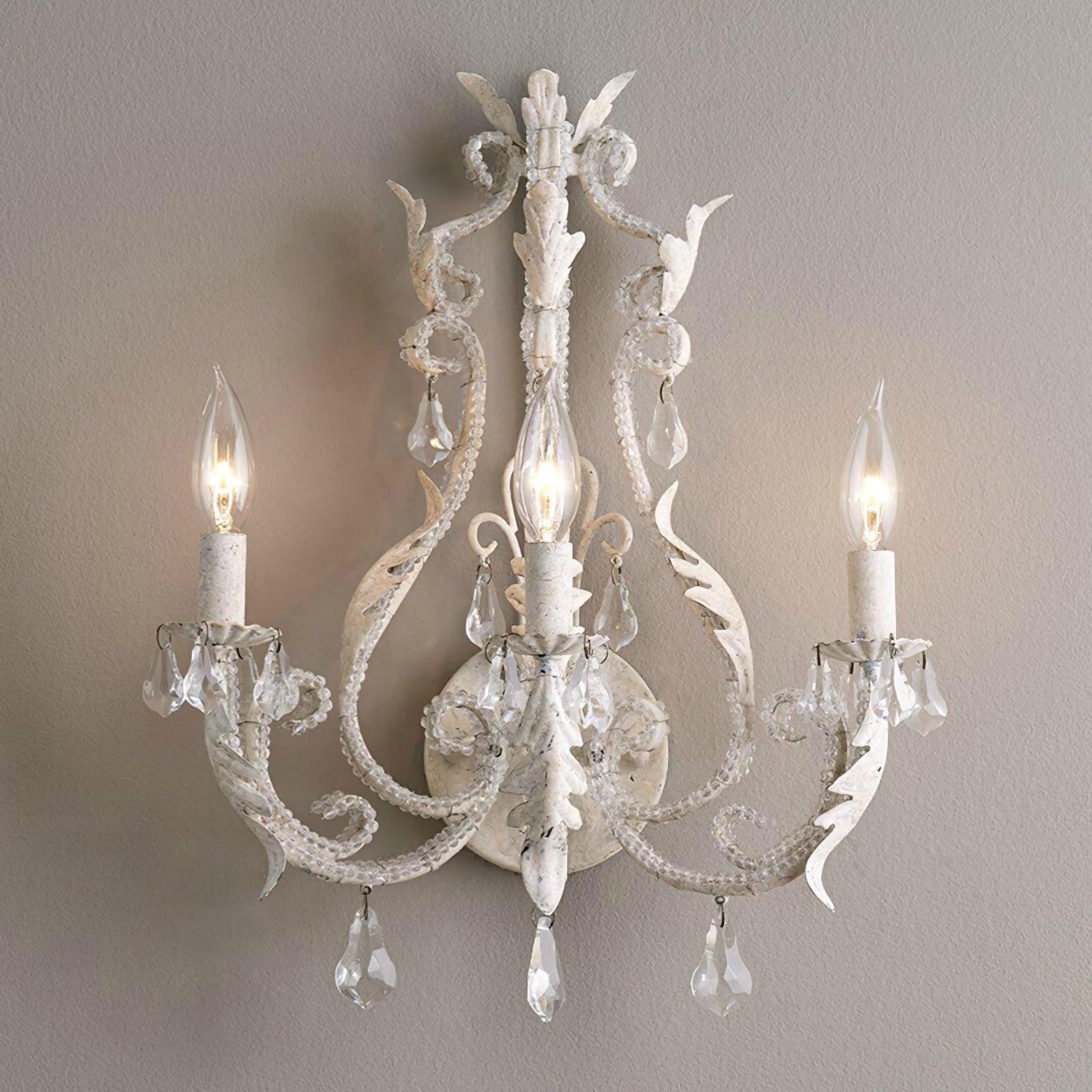 Antique White Floral Crystal Candle Wall Sconces Set of 2 Botanical Wall Lamps