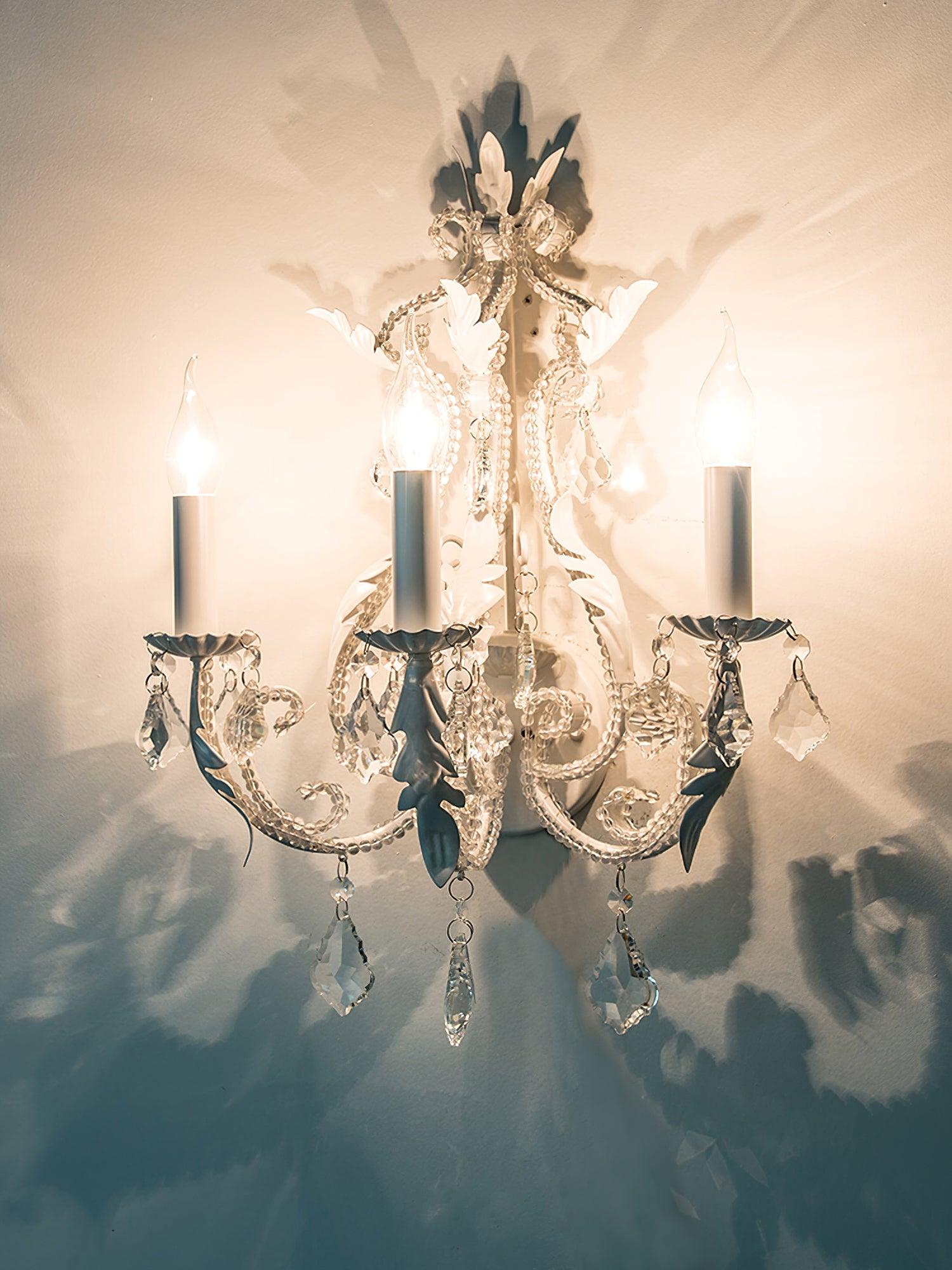 Antique White Floral Crystal Candle Wall Sconces Set of 2 Botanical Wall Lamps