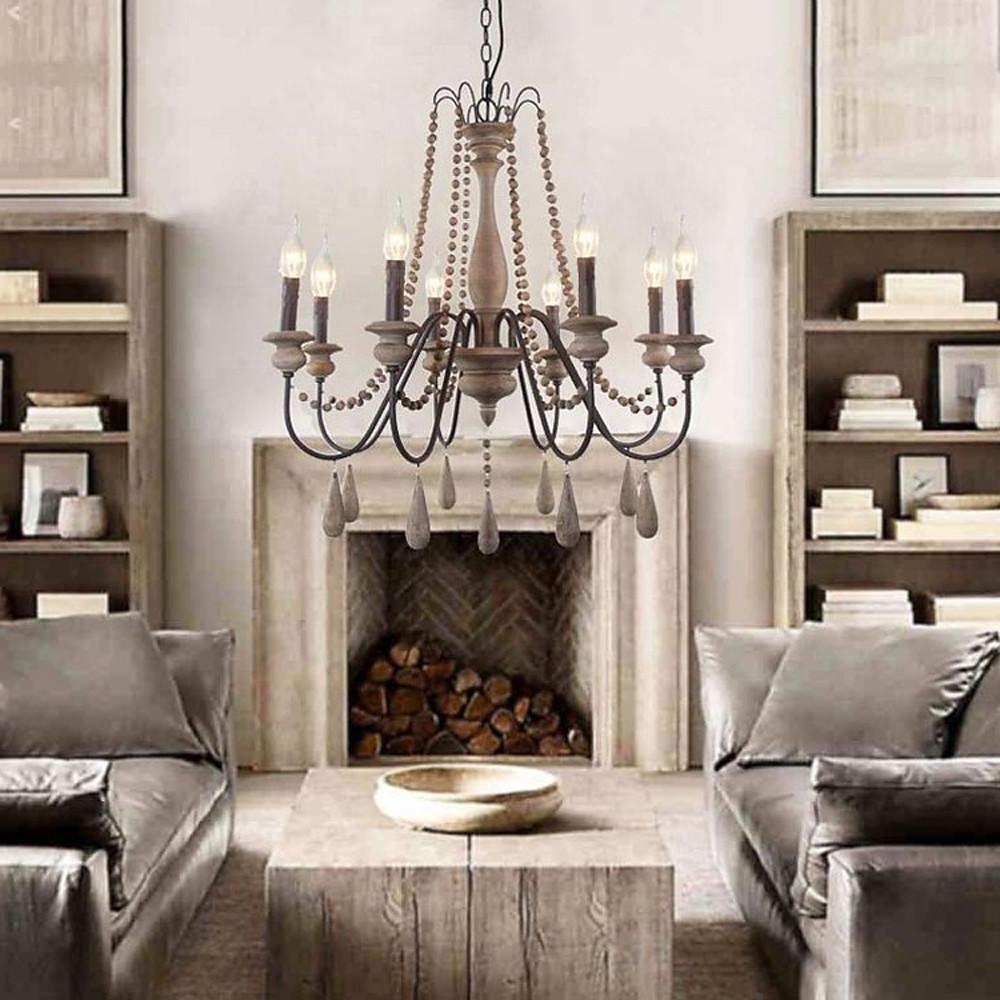 Antique White Wood Bead Chandelier 6 Light Rustic Farmhouse Candle Style Ceiling Pendant Light