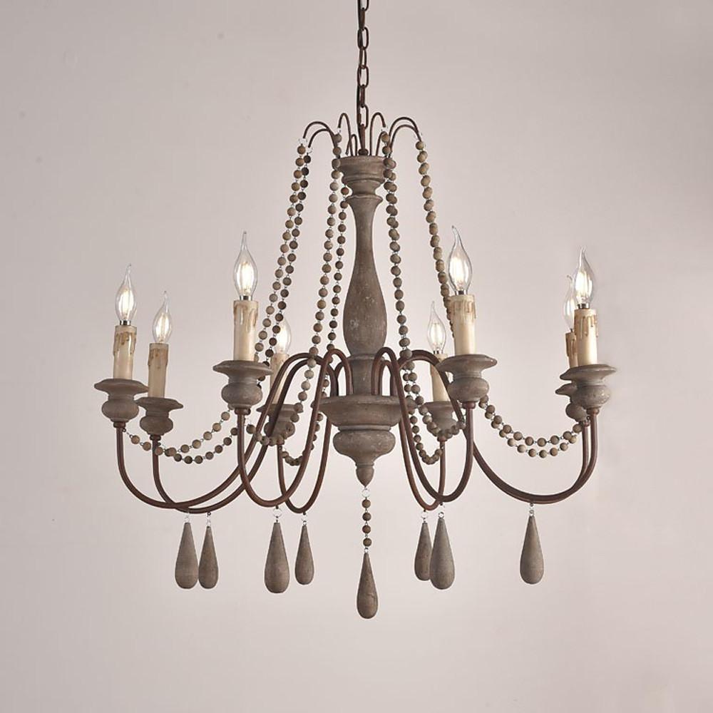 Antique White Wood Bead Chandelier 6 Light Rustic Farmhouse Candle Style Ceiling Pendant Light